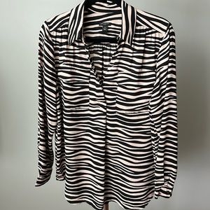 Ann Taylor Animal Print Black Beige Camp Shirt Top Size LP Large Petite